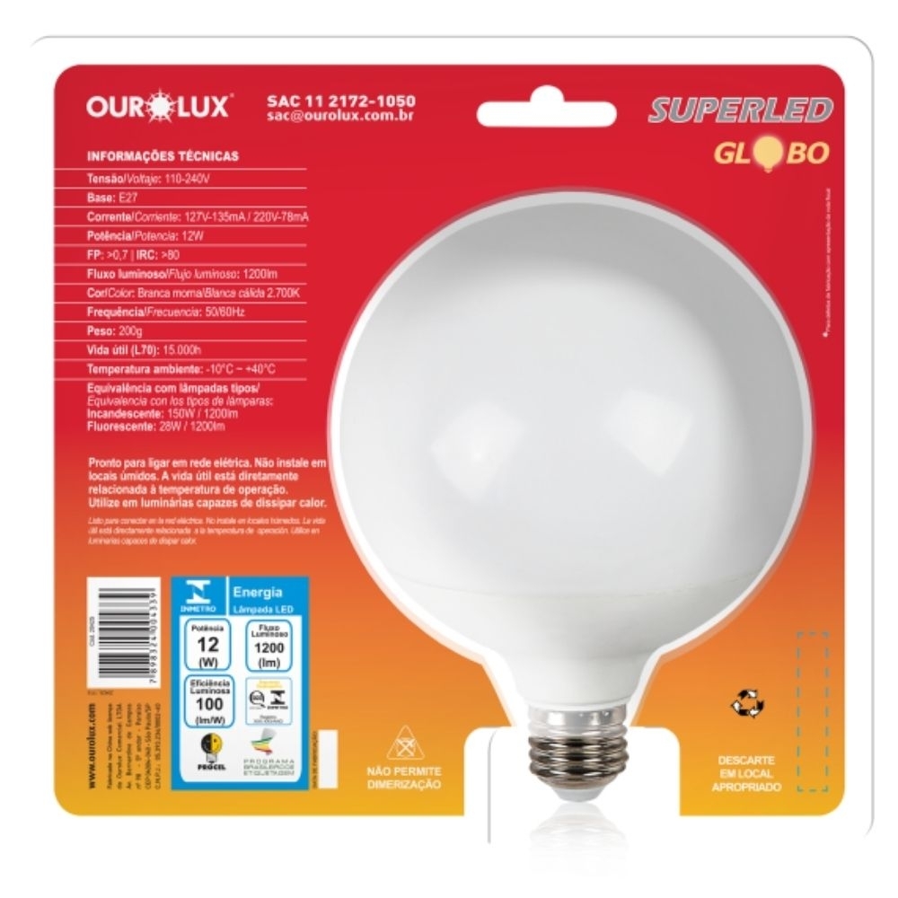 Lampada Led Globo 12w Bivolt Luz Amarela - Ourolux