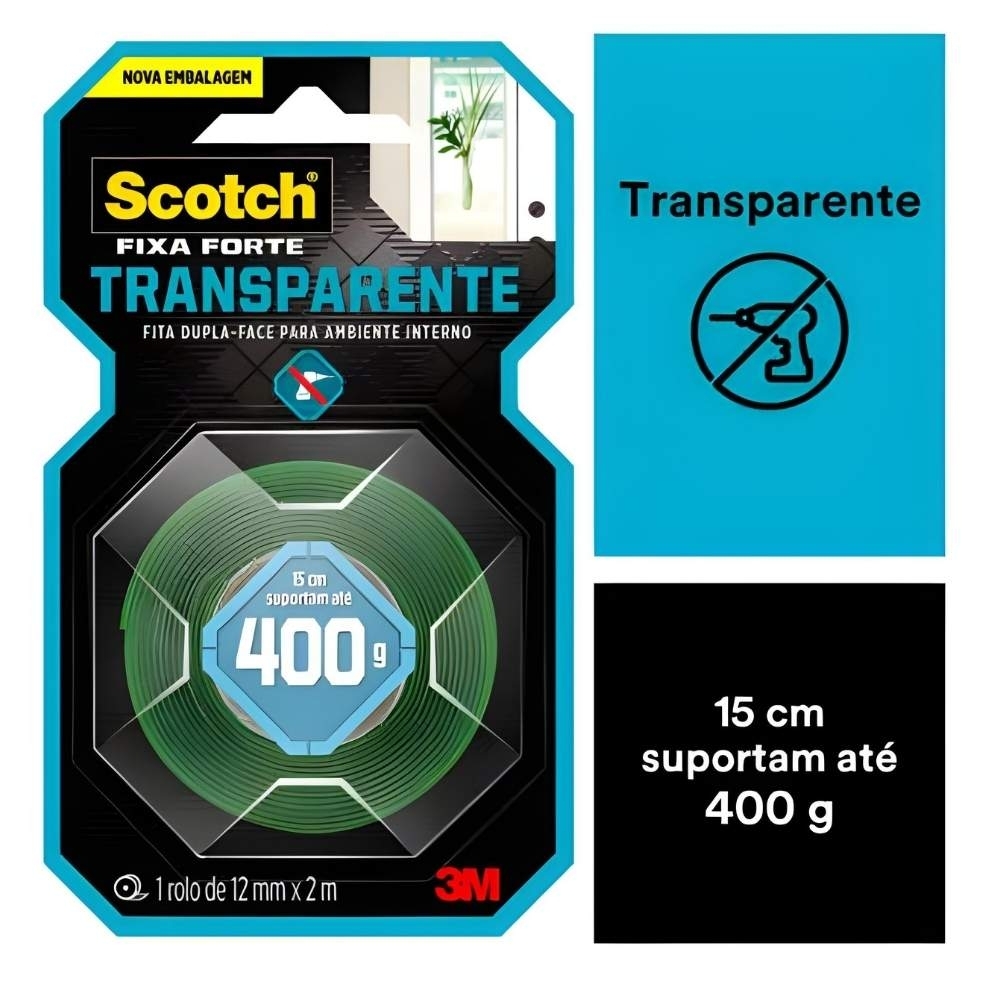 Fita Dupla Face Scotch Fixa Forte Transparente 12mm x 2m - 3M