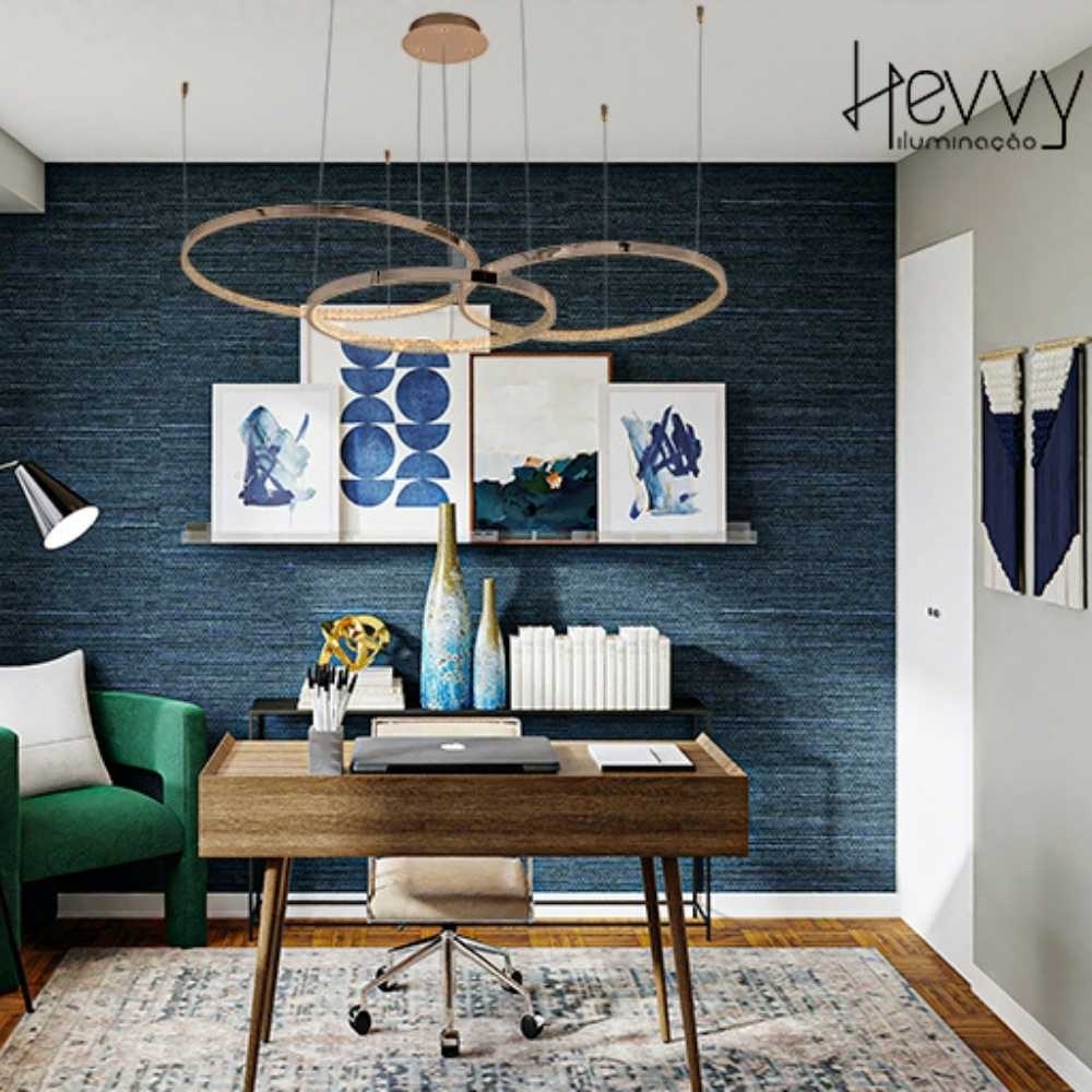 PENDENTE LED MILANO 48W LUZ AMARELA 3000K 5800LM DOURADO 3 ANEIS - HEVVY