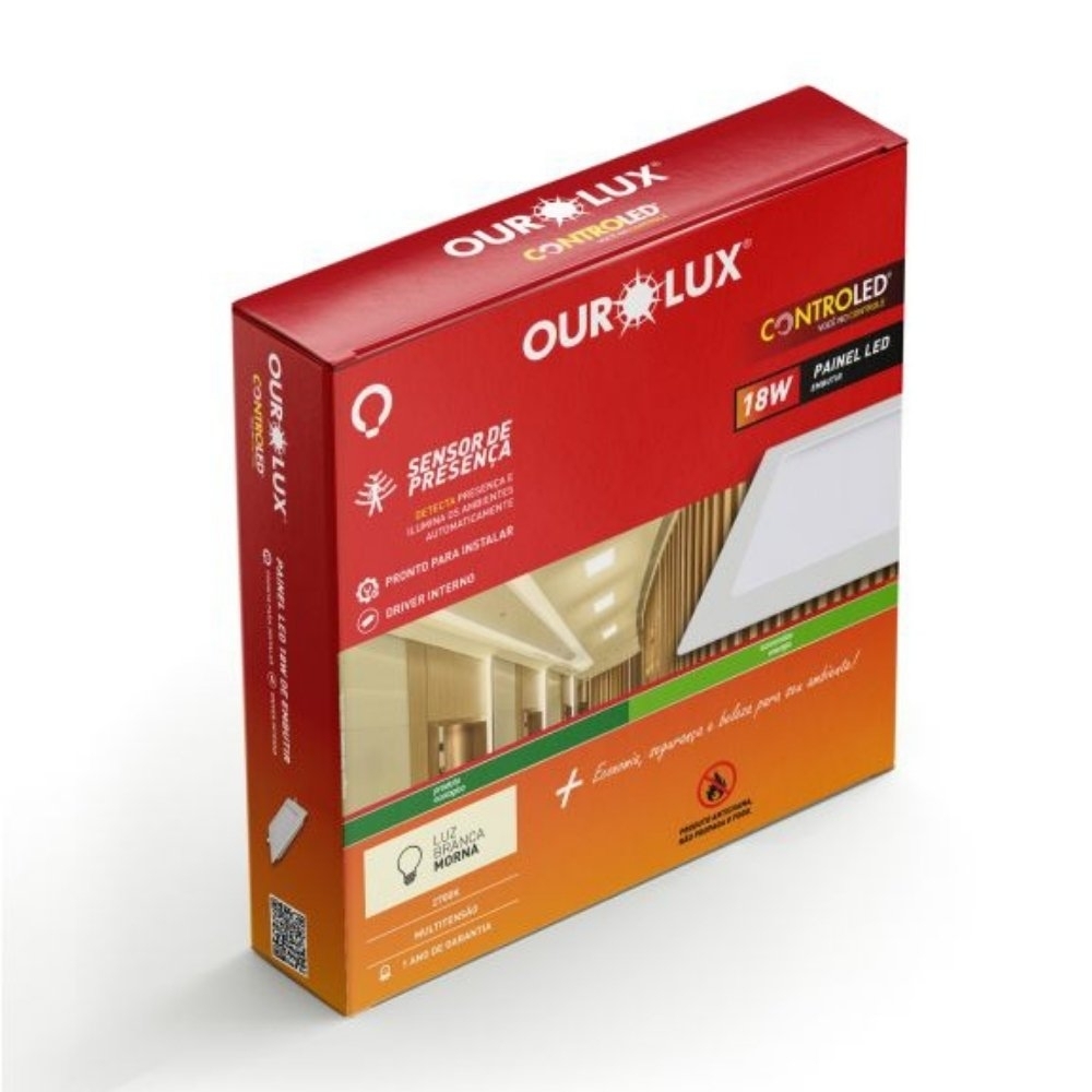 PAINEL LED EMBUTIR 18W BIVOLT LUZ AMARELA 2700K 1400LM QUADRADO 22CM SENSOR DE PRESENCA - OUROLUX