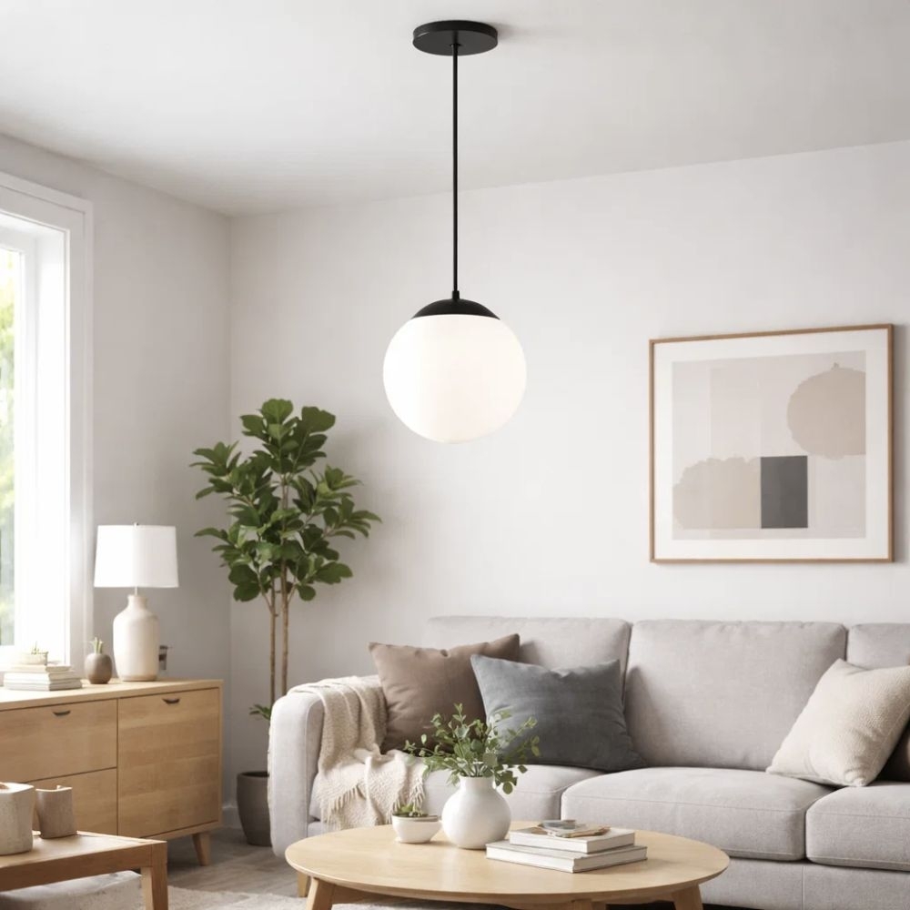 PENDENTE ASTANA PARA 1 LAMPADA E27 PRETO GLOBO BRANCO FOSCO 25 CM - KIN LIGHT