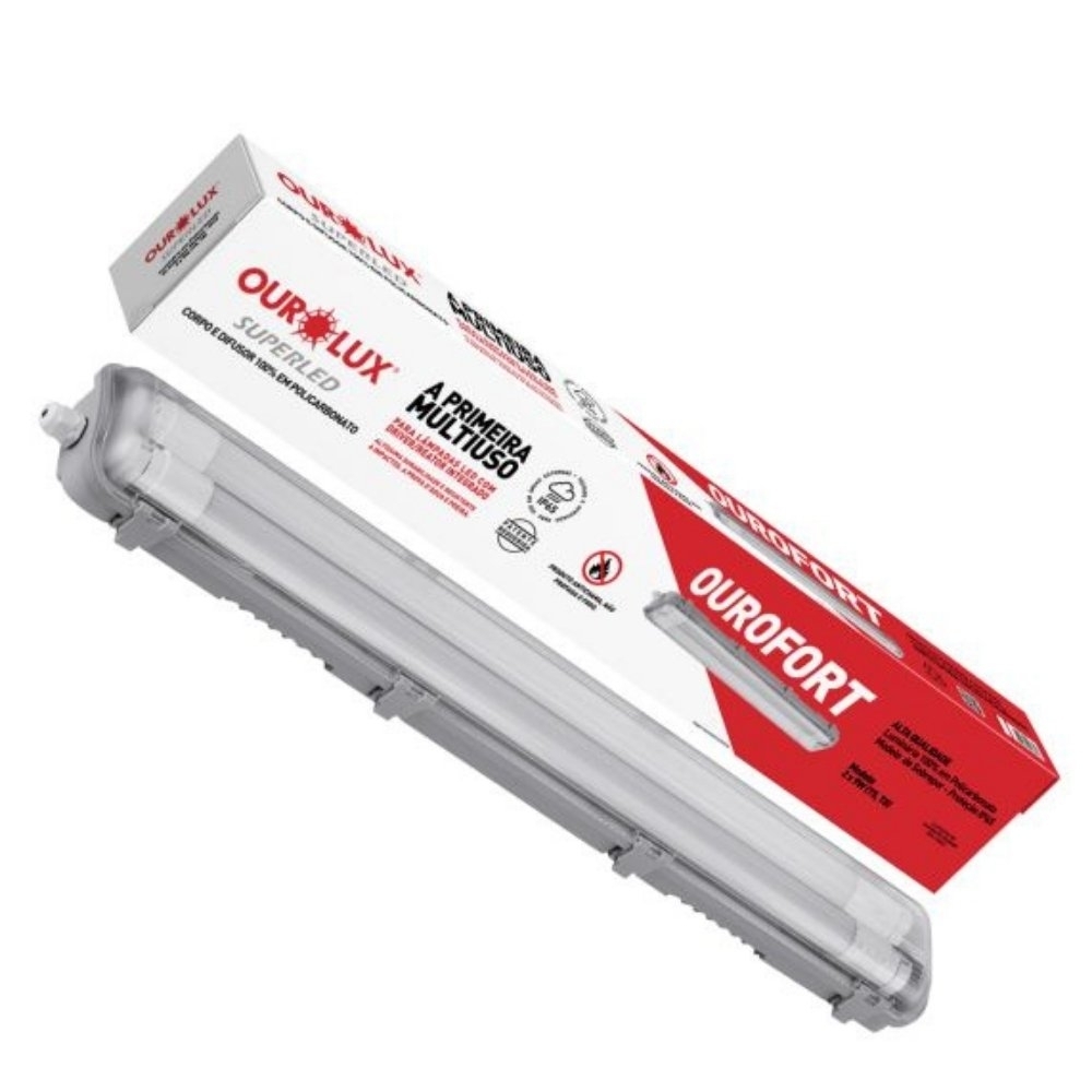 LUMINARIA SOBREPOR HERMETICA 2X9W PROVA TEMPO T5/T8 IP65 - OUROLUX