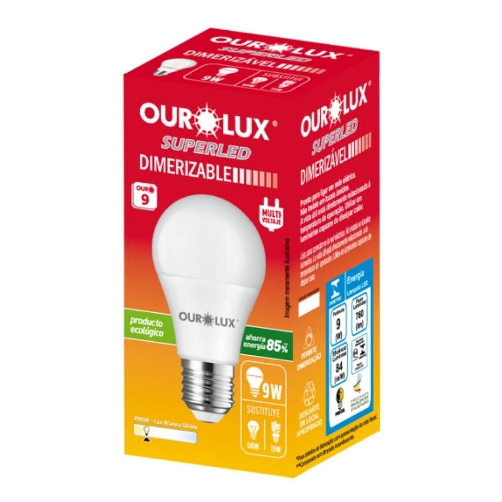 LAMPADA LED BULBO E27 9W BIVOLT 2700K 760LM DIM - OUROLUX