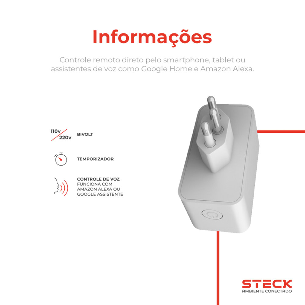 PLUG TOMADA 2 P+T 20A 250V BRANCO WI-FI AMBIENTE CONECTADO - STECK