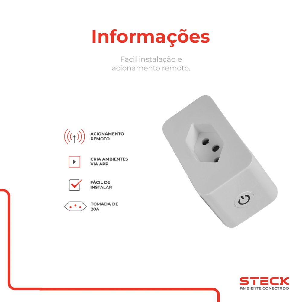 PLUG TOMADA 2 P+T 20A 250V BRANCO WI-FI AMBIENTE CONECTADO - STECK