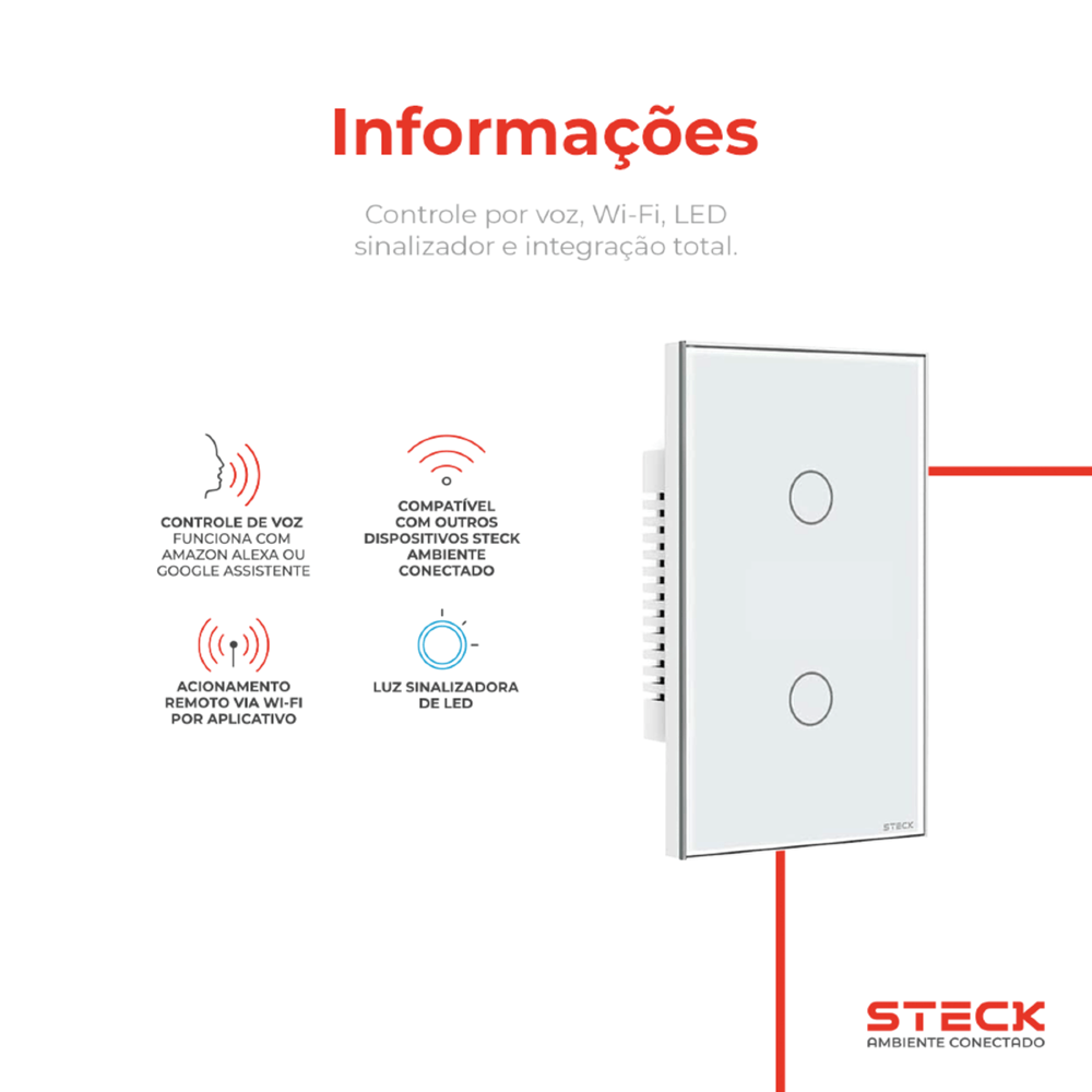 CONJUNTO 4X2 2 INTERRUPTORES TOUCH BRANCO WI-FI AMBIENTE CONECTADO - STECK