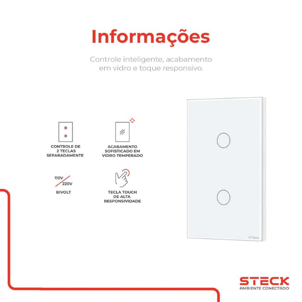 CONJUNTO 4X2 2 INTERRUPTORES TOUCH BRANCO WI-FI AMBIENTE CONECTADO - STECK