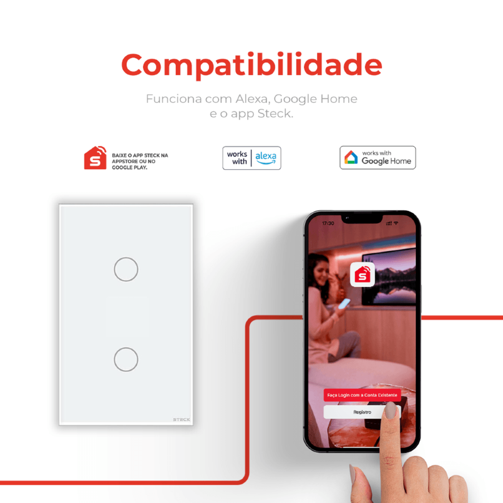 CONJUNTO 4X2 2 INTERRUPTORES TOUCH BRANCO WI-FI AMBIENTE CONECTADO - STECK