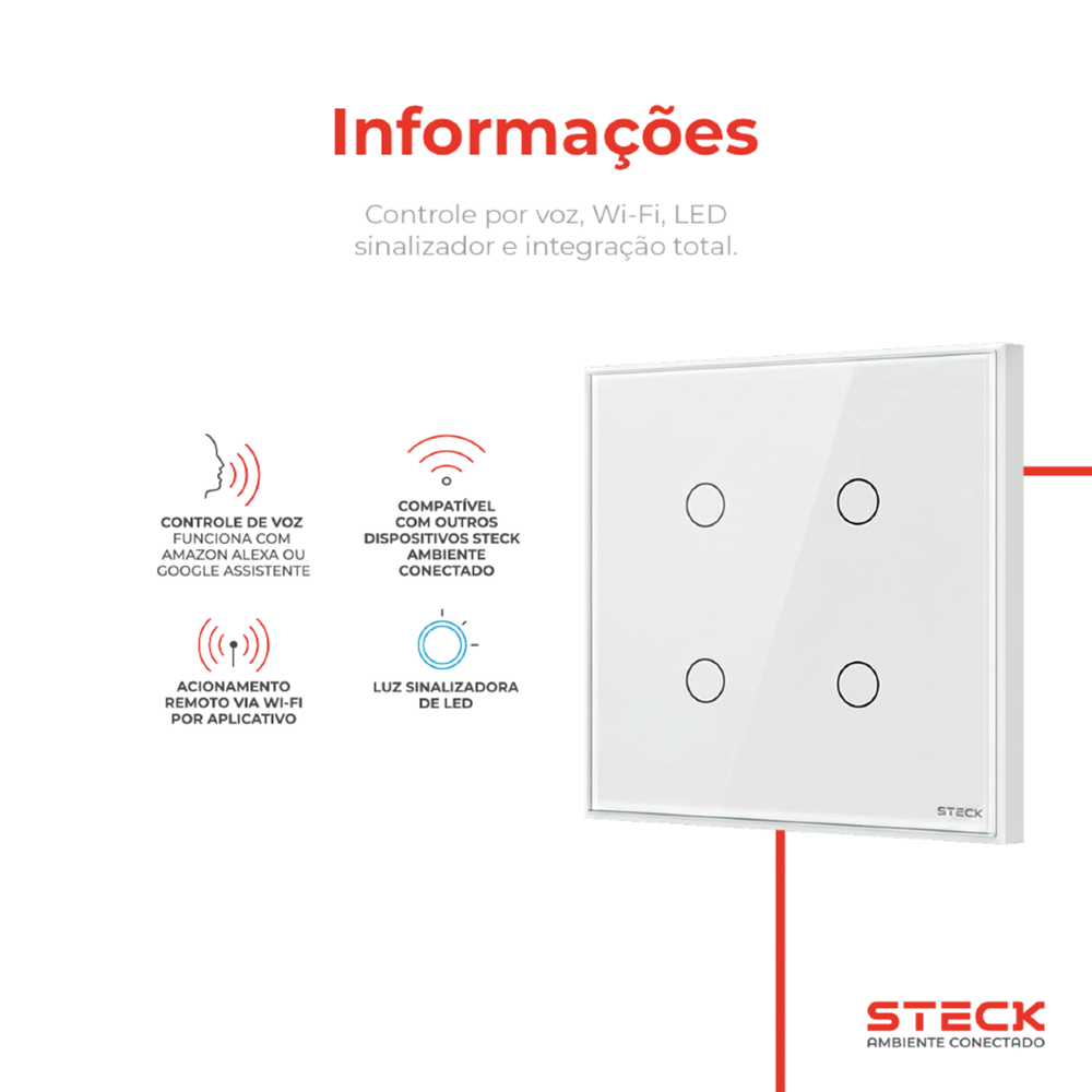 CONJUNTO 4X4 4 INTERRUPTORES TOUCH BRANCO WI-FI AMBIENTE CONECTADO - STECK