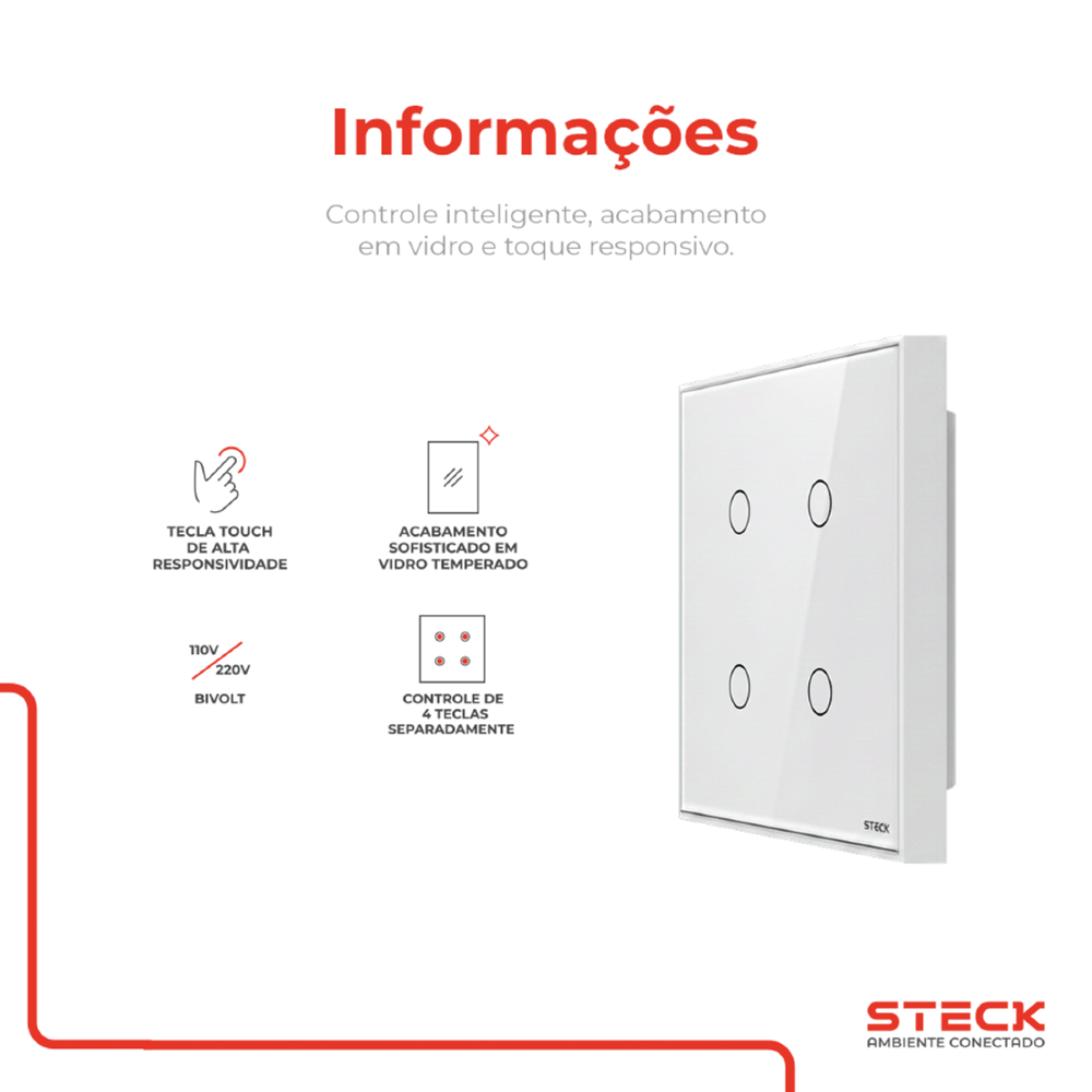 CONJUNTO 4X4 4 INTERRUPTORES TOUCH BRANCO WI-FI AMBIENTE CONECTADO - STECK