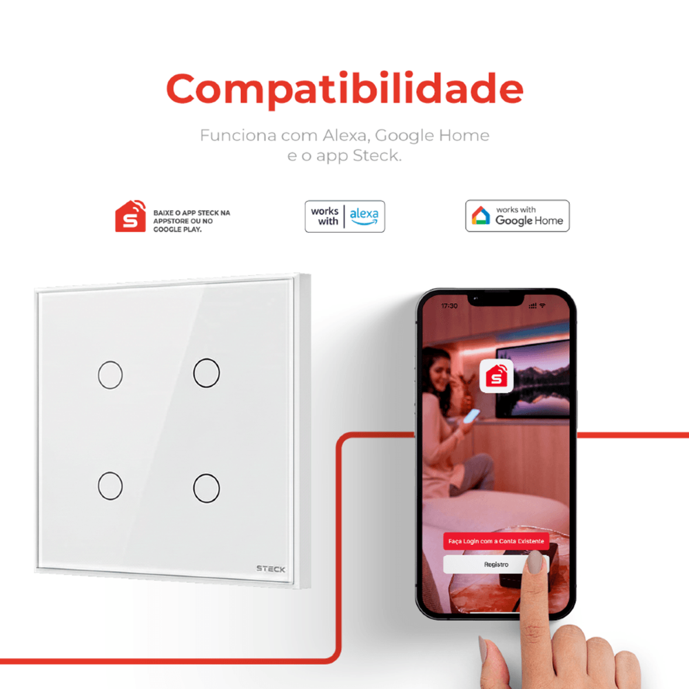 CONJUNTO 4X4 4 INTERRUPTORES TOUCH BRANCO WI-FI AMBIENTE CONECTADO - STECK
