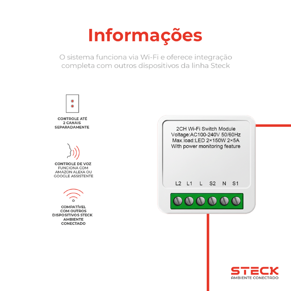MODULO INTERRUPTOR INTERNO MINI 2 CANAIS AMBIENTE CONECTADO - STECK
