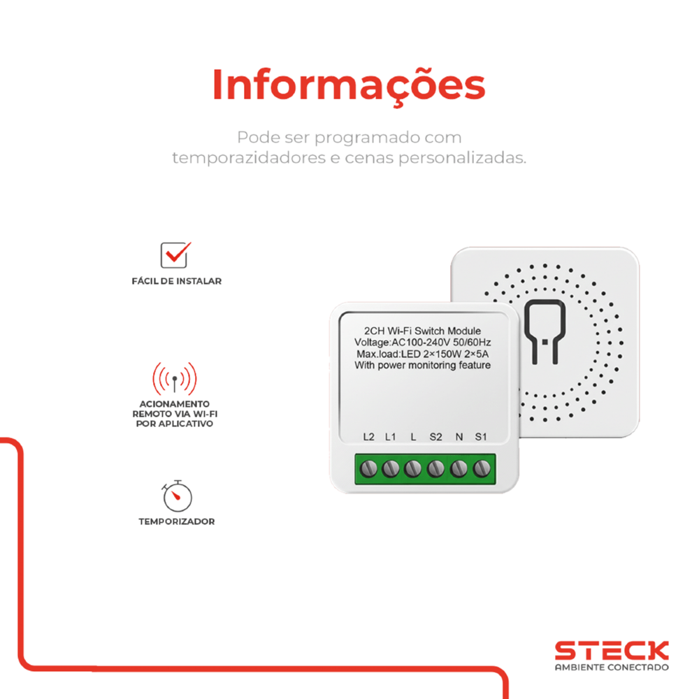 MODULO INTERRUPTOR INTERNO MINI 2 CANAIS AMBIENTE CONECTADO - STECK