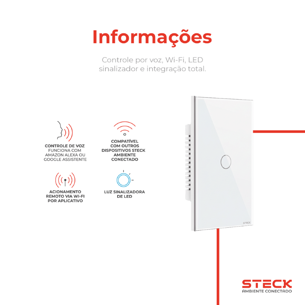 CONJUNTO 4X2 1 INTERRUPTOR TOUCH BRANCO WI-FI AMBIENTE CONECTADO - STECK