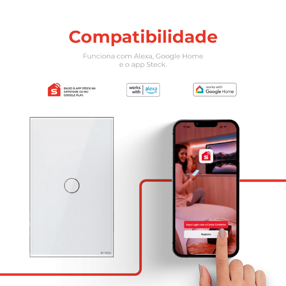 CONJUNTO 4X2 1 INTERRUPTOR TOUCH BRANCO WI-FI AMBIENTE CONECTADO - STECK