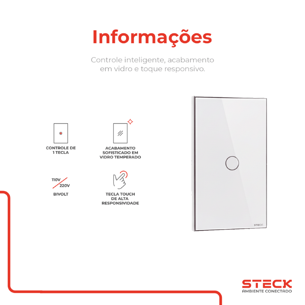 CONJUNTO 4X2 1 INTERRUPTOR TOUCH BRANCO WI-FI AMBIENTE CONECTADO - STECK