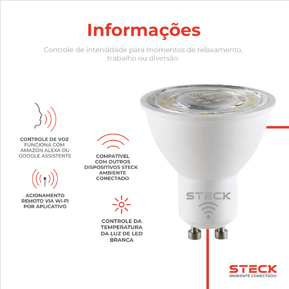 LAMPADA LED DICROICA GU10 4,8W RGB WI-FI CCT AMBIENTE CONECTADO - STECK