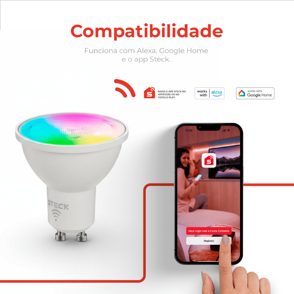 LAMPADA LED DICROICA GU10 4,8W RGB WI-FI CCT AMBIENTE CONECTADO - STECK
