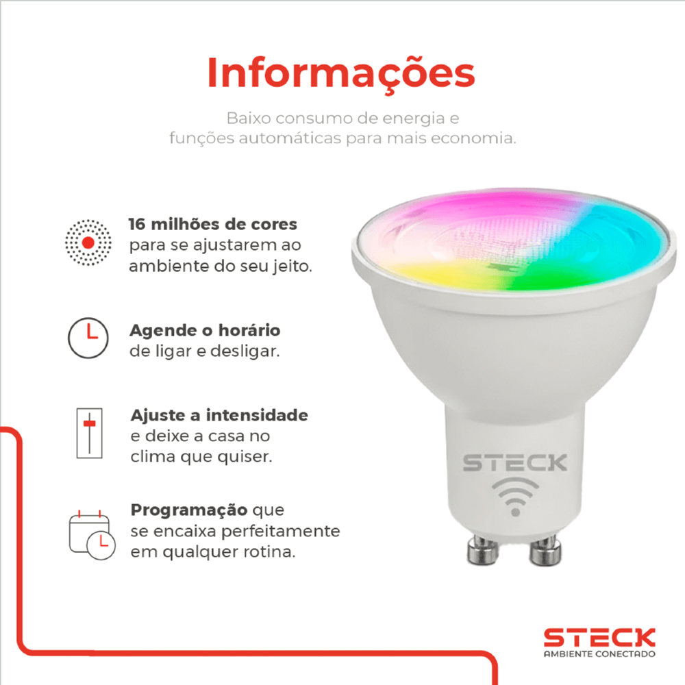 LAMPADA LED DICROICA GU10 4,8W RGB WI-FI CCT AMBIENTE CONECTADO - STECK