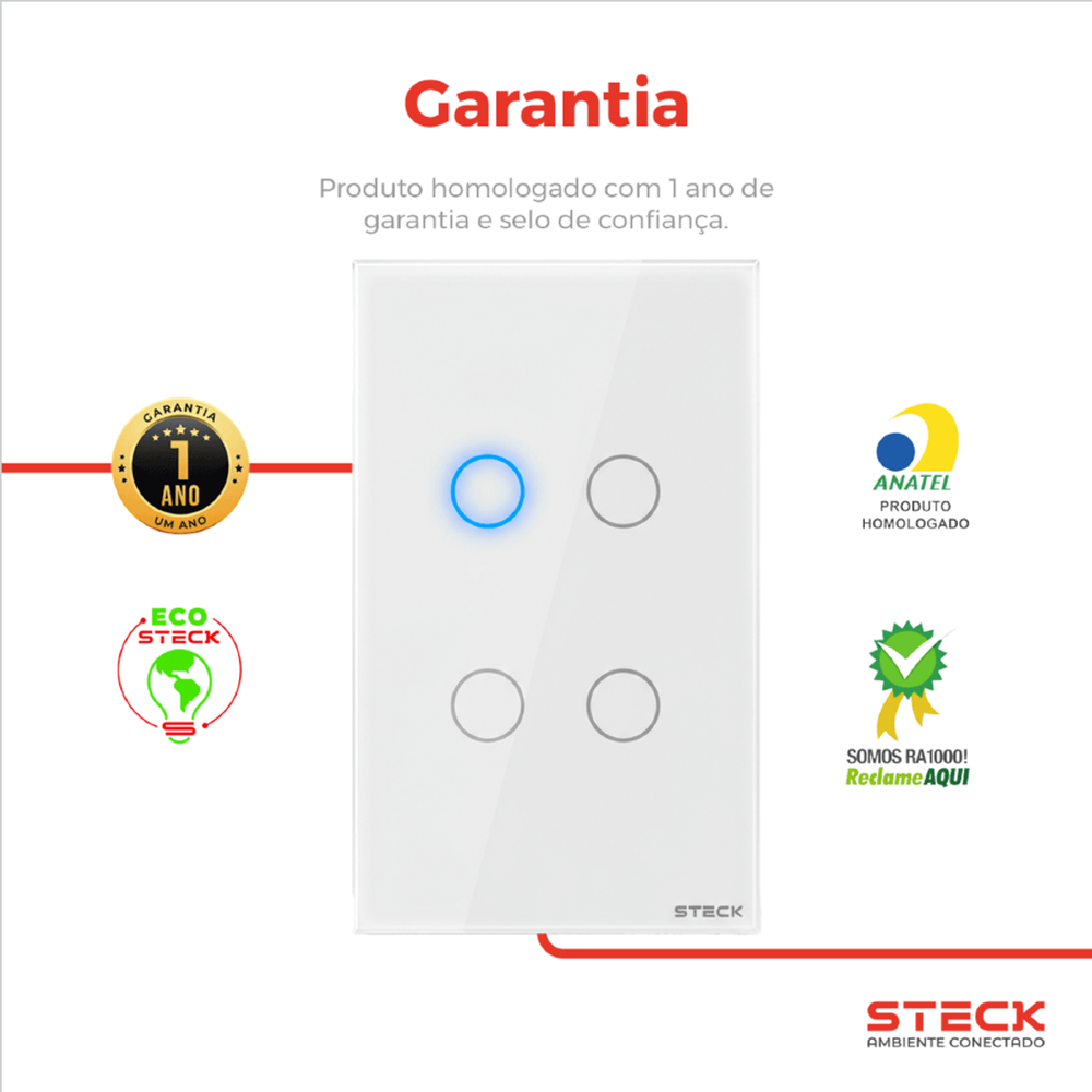 CONJUNTO 4X2 4 INTERRUPTORES TOUCH BRANCO WI-FI AMBIENTE CONECTADO - STECK