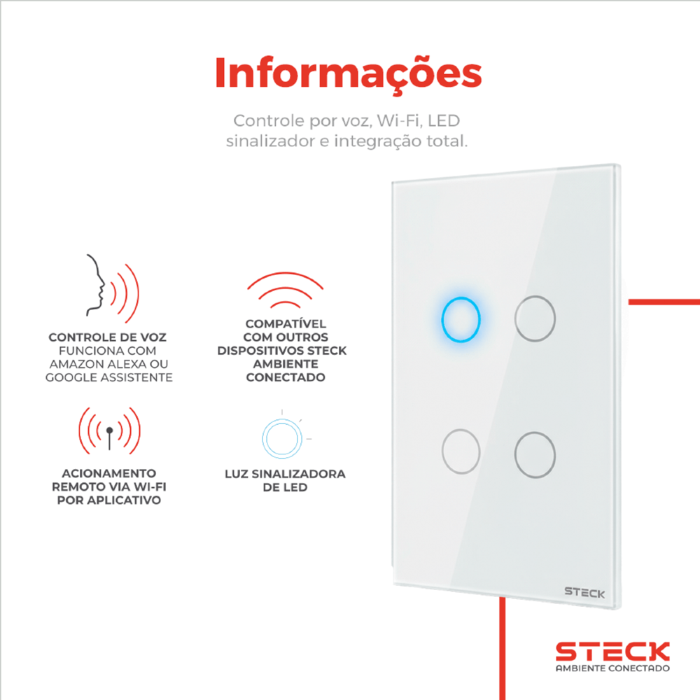 CONJUNTO 4X2 4 INTERRUPTORES TOUCH BRANCO WI-FI AMBIENTE CONECTADO - STECK
