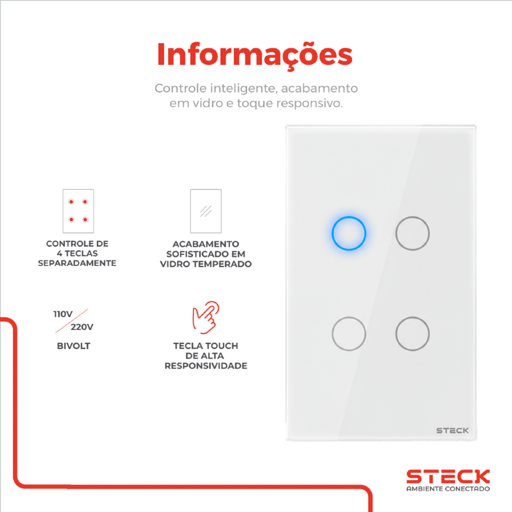 CONJUNTO 4X2 4 INTERRUPTORES TOUCH BRANCO WI-FI AMBIENTE CONECTADO - STECK