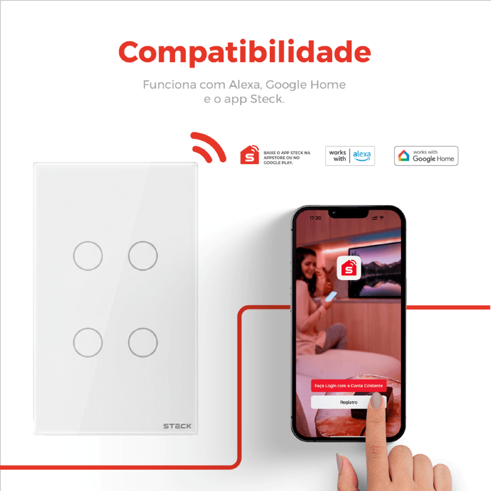 CONJUNTO 4X2 4 INTERRUPTORES TOUCH BRANCO WI-FI AMBIENTE CONECTADO - STECK