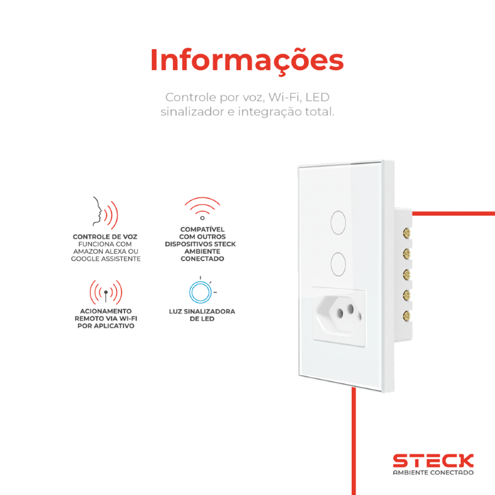 CONJUNTO 4X2 2 INTERRUPTORES + 1 TOMADA TOUCH BRANCO WI-FI AMBIENTE CONECTADO - STECK
