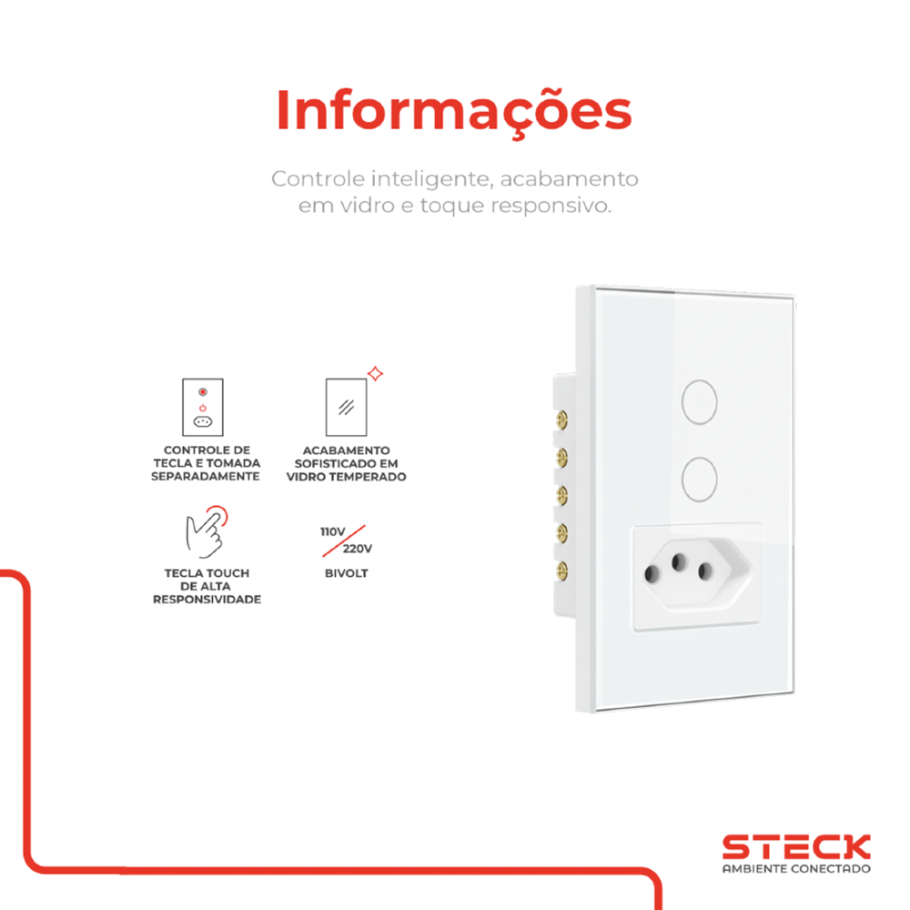 CONJUNTO 4X2 2 INTERRUPTORES + 1 TOMADA TOUCH BRANCO WI-FI AMBIENTE CONECTADO - STECK