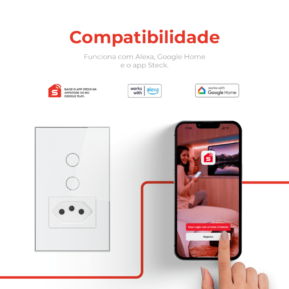 CONJUNTO 4X2 2 INTERRUPTORES + 1 TOMADA TOUCH BRANCO WI-FI AMBIENTE CONECTADO - STECK