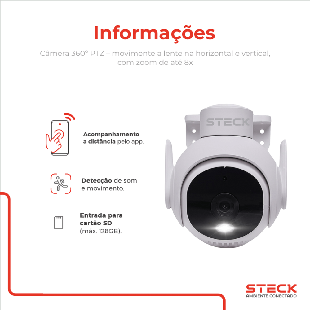 CAMERA DE SEGURANCA EXTERNA PTZ 360G FULL HD WI-FI IP65 AMBIENTE CONECTADO - STECK