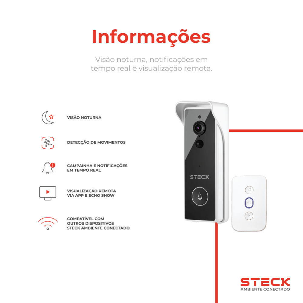 VIDEO PORTEIRO INTELIGENTE WI-FI COM CAMPAINHA AMBIENTE CONECTADO - STECK