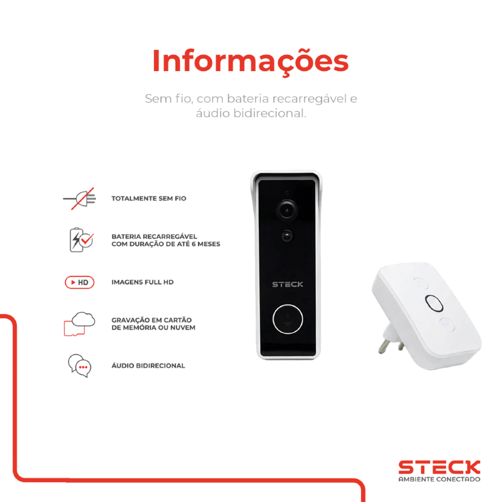 VIDEO PORTEIRO INTELIGENTE WI-FI COM CAMPAINHA AMBIENTE CONECTADO - STECK
