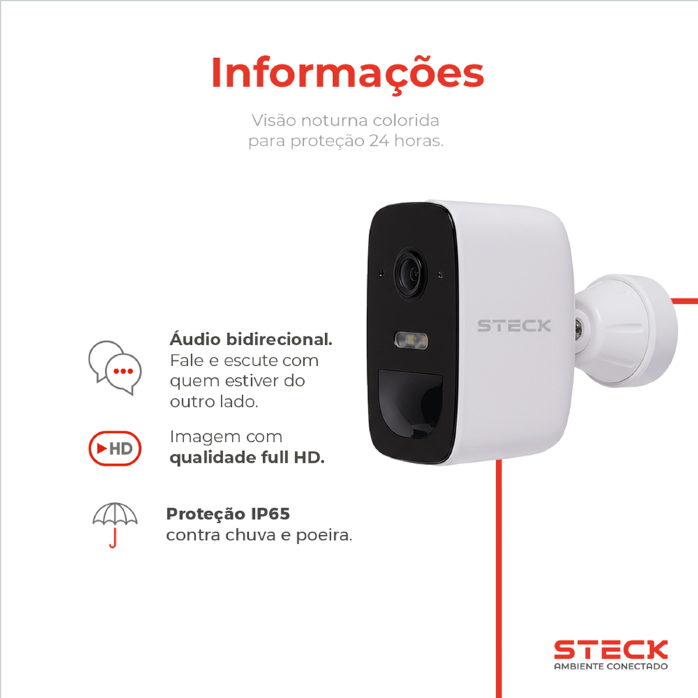 CAMERA DE SEGUNRACA EXTERNA FIXA WI-FI COM BATERIA IP65 AMBIENTE CONECTADO - STECK