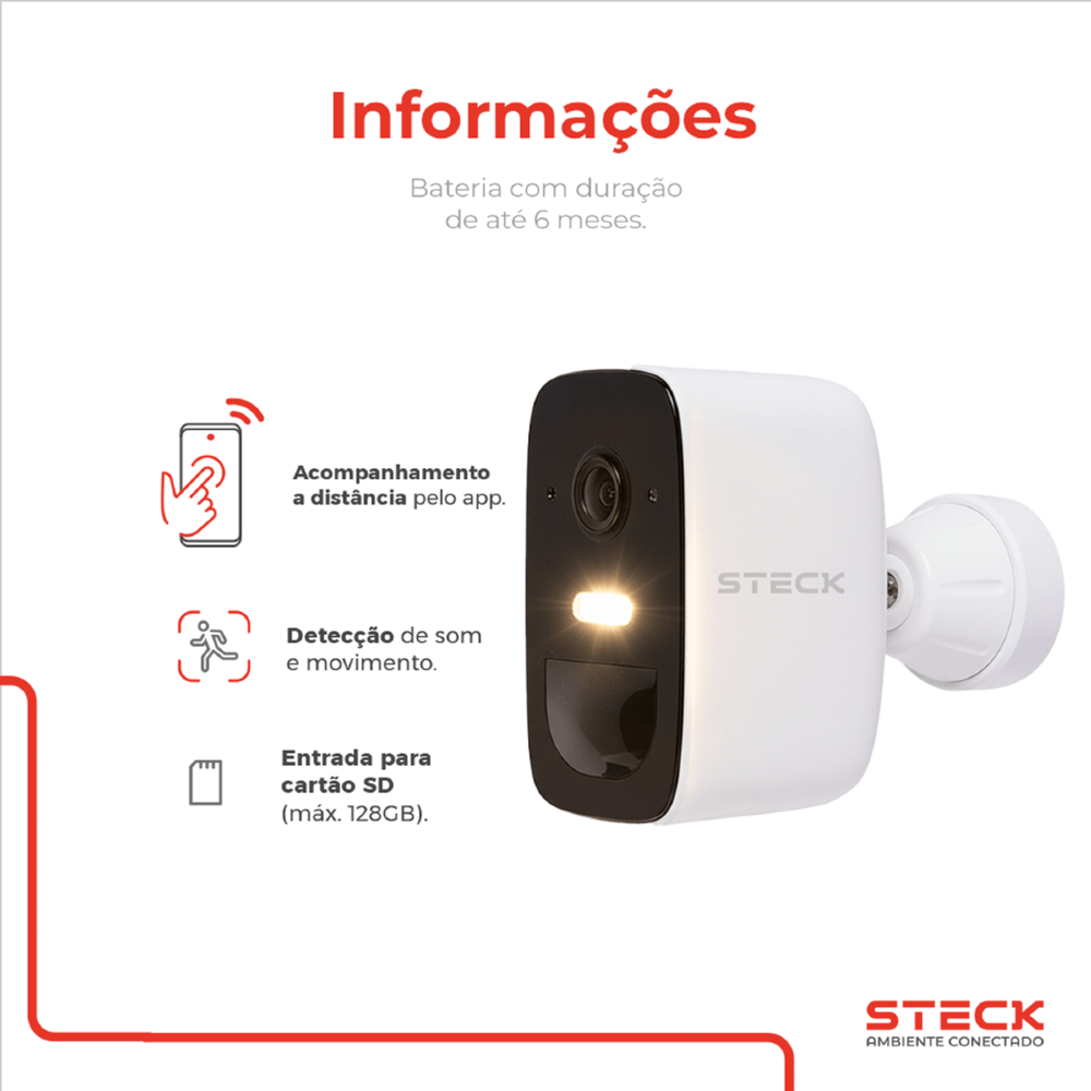 CAMERA DE SEGUNRACA EXTERNA FIXA WI-FI COM BATERIA IP65 AMBIENTE CONECTADO - STECK