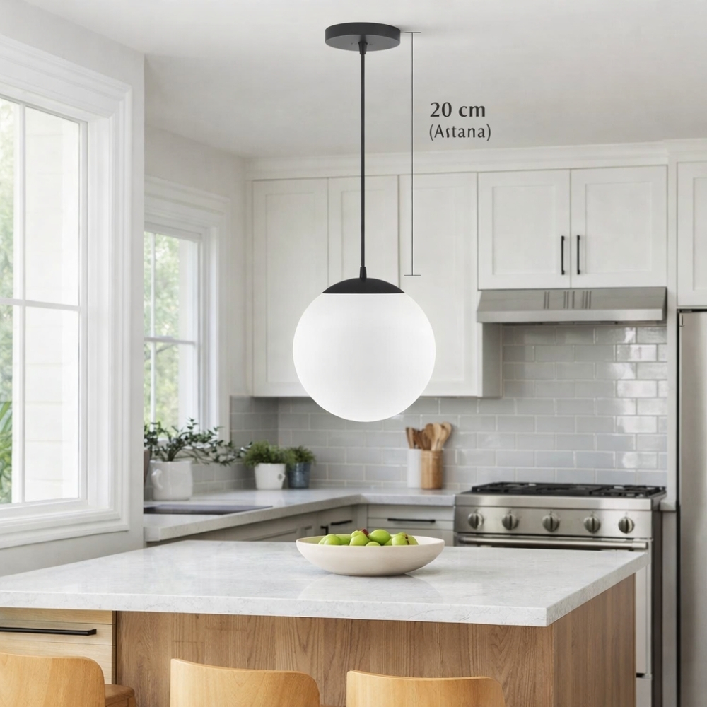 PENDENTE ASTANA PARA 1 LAMPADA E27 PRETO GLOBO BRANCO FOSCO 20 CM - KIN LIGHT