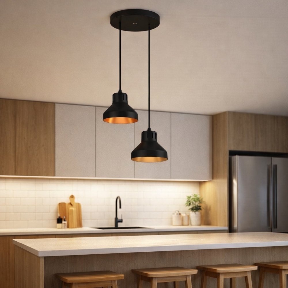 PENDENTE VIENA ALUMINIO PARA 2 LAMPADAS E27 PRETO E COBRE - KIN LIGHT