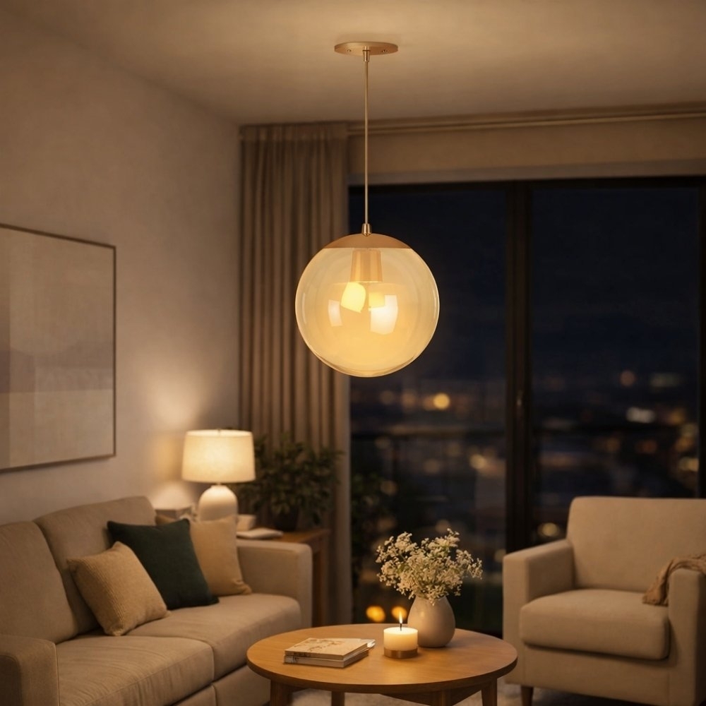 PENDENTE CATAR PARA 1 LAMPADA E27 DOURADO CHP COM GLOBO AMBAR 30CM - KIN LIGHT