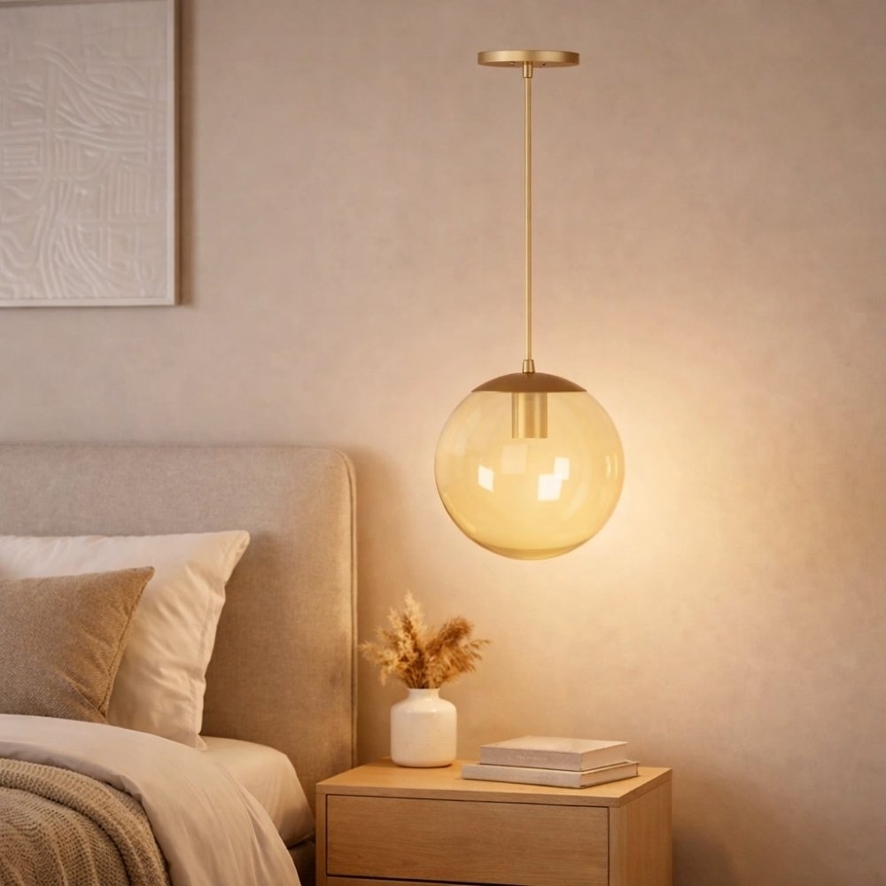 PENDENTE CATAR PARA 1 LAMPADA E27 DOURADO CHP COM GLOBO AMBAR 30CM - KIN LIGHT