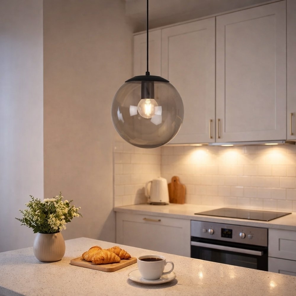 PENDENTE CATAR PARA 1 LAMPADA E27 PRETO COM GLOBO FUME 25CM - KIN LIGHT