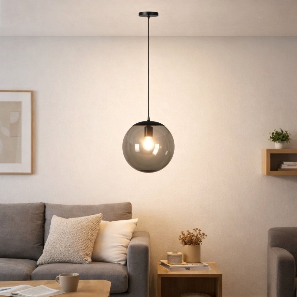 PENDENTE CATAR PARA 1 LAMPADA E27 PRETO COM GLOBO FUME 25CM - KIN LIGHT