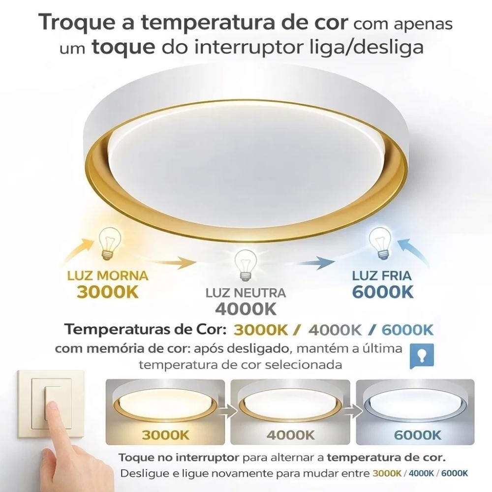 PLAFON LED SIENA 30W 3000K 4000K 6000K 2300LM D41CM BRANCO E GOLD - HEVVY