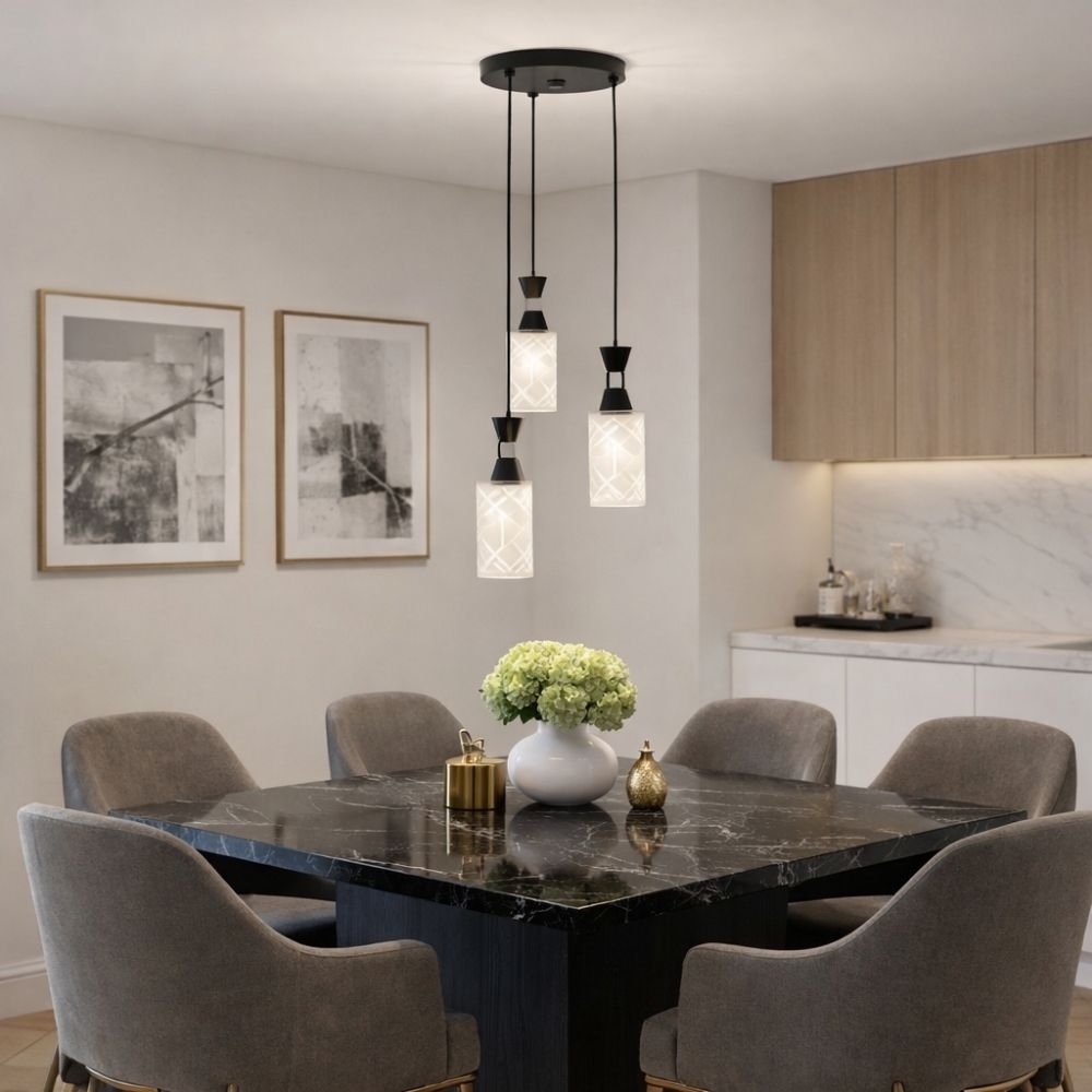 PENDENTE BELIZE PARA 3 LAMPADAS E27 PRETO COM VIDRO CABO 1 METRO - KIN LIGHT