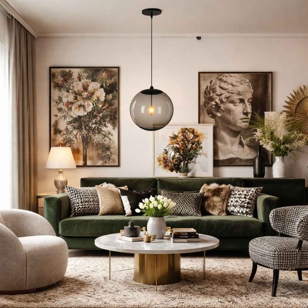 PENDENTE CATAR PARA 1 LAMPADA E27 PRETO COM GLOBO FUME 20CM - KIN LIGHT