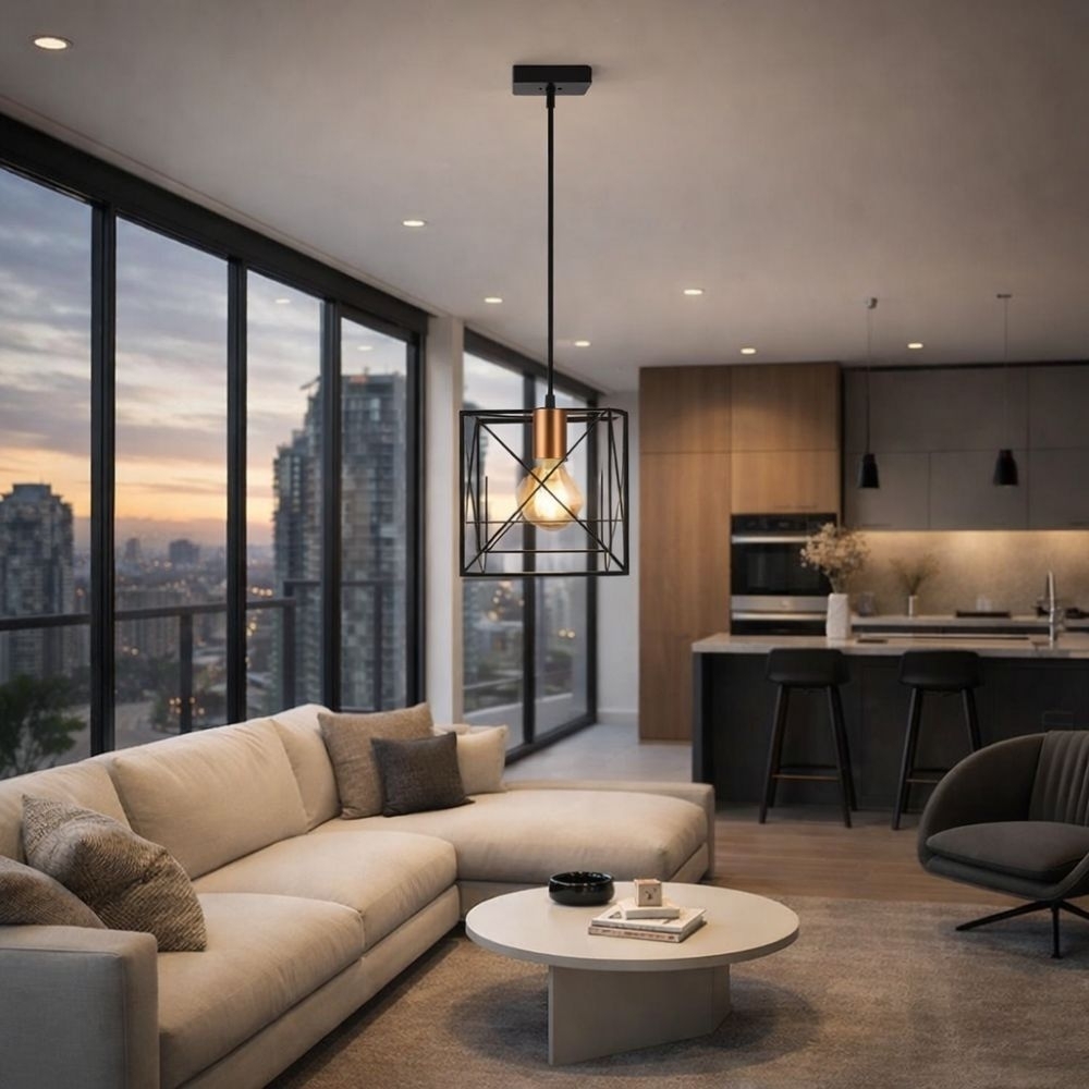 PENDENTE BENIN 1 LAMPADA E27 BIVOLT PRETO/COBRE - KIN LIGHT