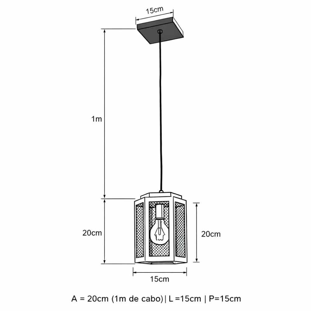 PENDENTE SEXTAVADO COM TELA PARA 1 LAMPADA E27 PRETO MICRO - IDEAL LUSTRES