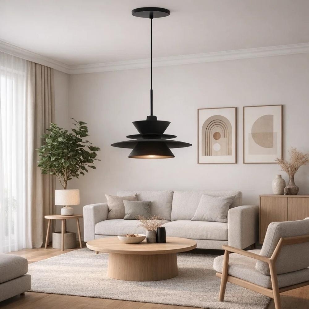 PENDENTE SATURNO PARA 1 LAMPADA E27 PEQUENO PRETO COM HASTE - TY ILUMINACAO