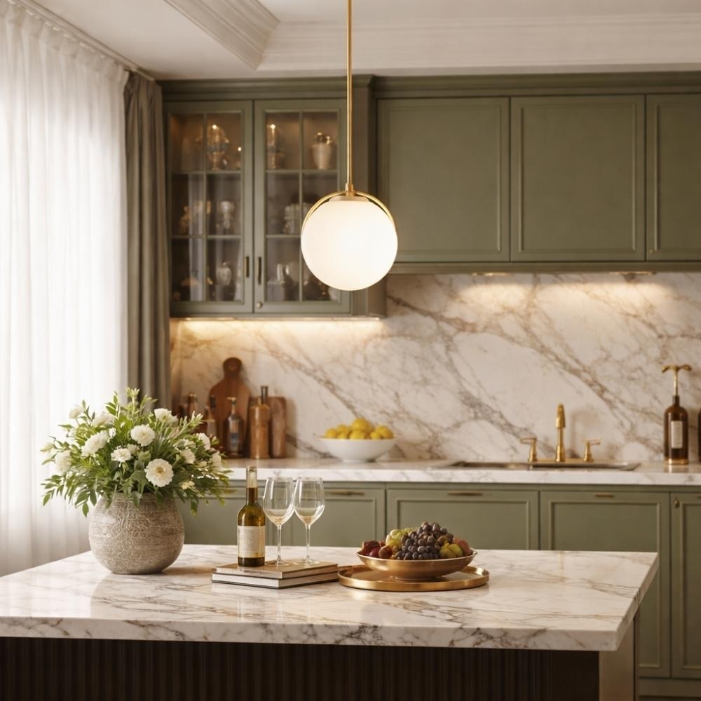 PENDENTE ORBE PARA 1 LAMPADA G9 DOURADO VERNIZ VIDRO FOSCO - KIN LIGHT