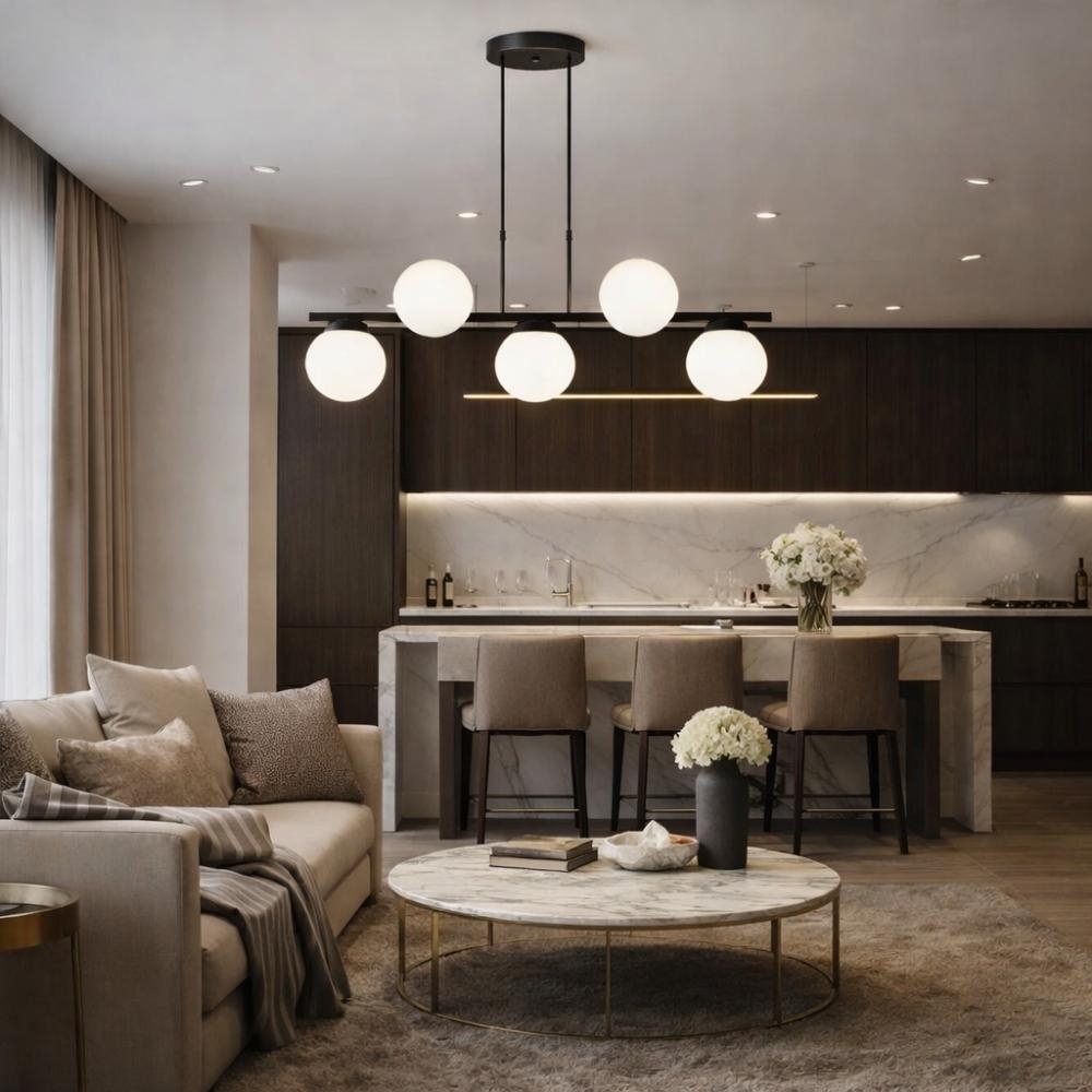 PENDENTE HANOVER PARA 5 LAMPADAS E27 PRETO COM GLOBO 15MM - KIN LIGHT