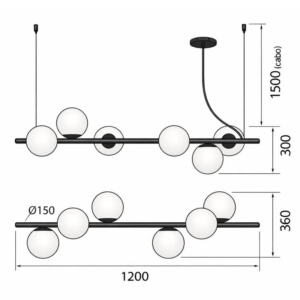 Pendente Century para 6 Lampadas E27 Preto - Spot Line